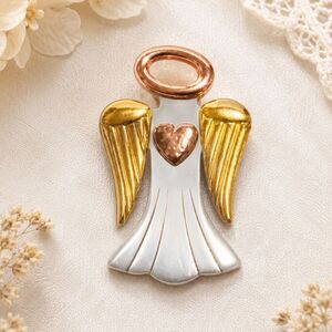 Vintage Avon Angel Brooch Mixed Metal Tri Color Gold Silver Copper Signed Pin